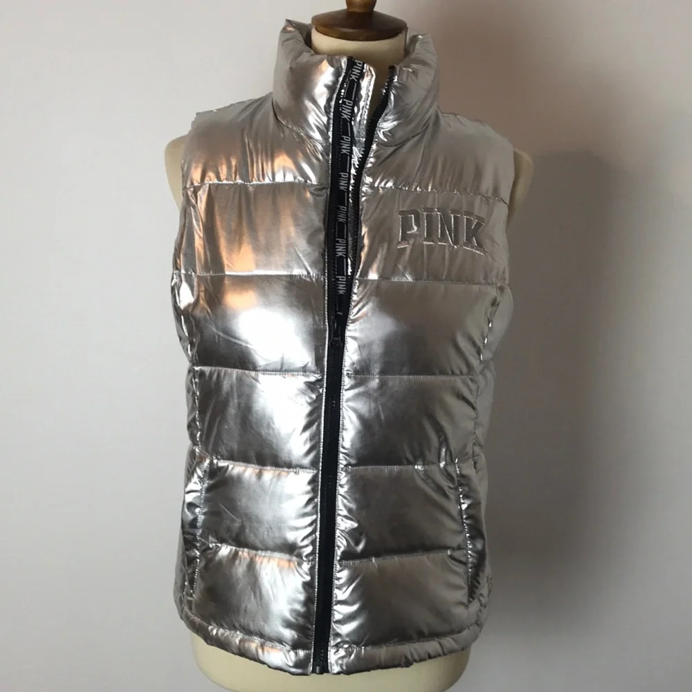 Pink Silver Puffy Vest XS NWOT - Picture 1 of 8